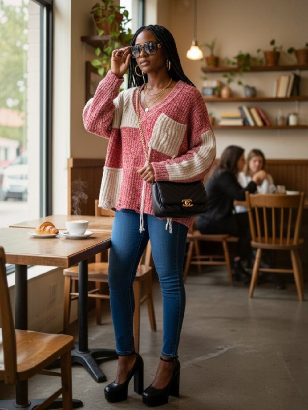POL Colorblock V-Neck Sweater in Red & Cream Oversized S